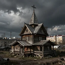 baba yaga's house in a city, urban fantasy, grimy