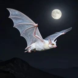 hyper realistic white bat, flying against a dark black night sky, mountain in the background, moonlight, denoised, very detailed, painted by, alphonso mucha, norman rockwell, tom bagshaw