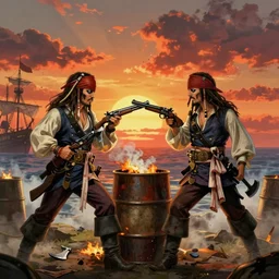 two pirates facing each other in death duel, axes, gun, smoldering barrel, gunpowder smoke, dramatic, bloody scene, sunset background, ship on the horizon!, portrait 4 / 3, high detail, greg rutkowski, james gurney, gene wolfe, gustave dore, jesper ejsing, rhads, makoto shinkai, ilya kuvshinov
