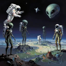 aliens, astronauts, alien world in the universe, wide angle shot, vector art, by frank frazetta and salvador dali
