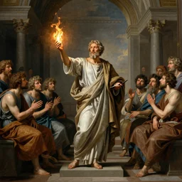 A saintly philosopher illuminated by the fire of reason, delivering a speech to a gathered crowd at the School of Athens, in the style of Rembrandt