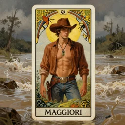 a dramatic, epic, ethereal tarot painting of a handsome cute brown shirtless cowboy | background is a torrential flooding river | tarot!! card, art deco, art nouveau | by Mark Maggiori | trending on artstation
