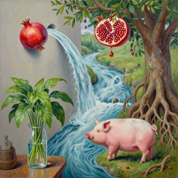 a female art student in her apartment, plants in glass vase, water, river flowing through a wall, sensual, river, rapids, pig, buttress tree roots, canoe, pomegranate, berries dripping, acrylic on canvas, surrealist, by magritte and monet