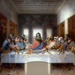 the last supper in gas masks, digital painting, hyperrealistic, volumetric golden dappled dynamic lighting, highly detailed, sharp focus, by michael komarck, greg rutkowski, victo ngai, artgerm, willem claesz heda and j. dicken