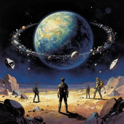 very detailed, prophet graphic novel, ilya kuvshinov, mcbess, rutkowski, simon roy, illustration of a malevolent planet looming in the distance, a ring of space junk floats around the planet, wide shot, colorful, deep shadows, astrophotography