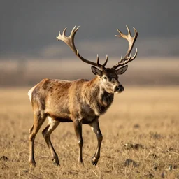 A stag with horns on its head walks in the light