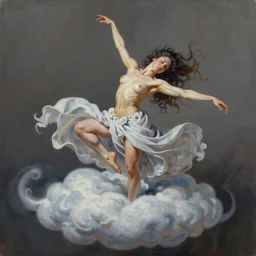 painting of a beautiful Harpey, dancing on a cloud, by Jeremy Mann and Jason Jenicke, detailed, stylized, loose brush strokes, intricate, realistic, exaggerated lighting, sense of scale, ferocious, sensual