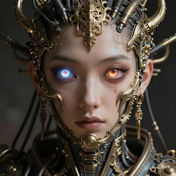stunning Rococopunk man_integrating_with_technology_full_face_insipiring_detailed_intricate_ornate_cables_connected_to_head_big_open_electric_eyes_ by Hironaka, Harumi