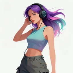 a award winning half body portrait of a beautiful woman in a croptop and cargo pants with ombre purple pink teal hairstyle with head in motion and hair flying listenin to music on headphones by wlop, outrun, vaporware, shaded flat illustration, digital art, trending on artstation, highly detailed, fine detail, intricate