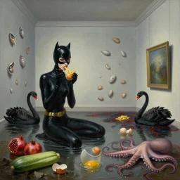 painting of a flooded art gallery room, a tall emo catwoman eating french fries, molluscs on the walls, black swans, lava, pomegranates, courgettes, raw eggs, egg shells, sensual, octopus tentacles coming from puddles, zen, surrealist, by magritte and monet