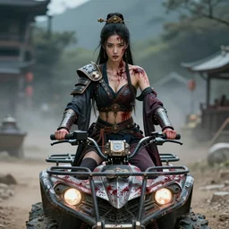 vertical movie frame with ancient asian female standing on steam punk atv, hunt, armor inspired by ancient japan and fashion, symmetrical beautiful face, epic, perfect body, brutal blooded sluty award winning, establishing shot, extremely high detail, photorealistic, brutal, provocative, octane render, editorial, extreme sports photography