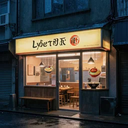 exterior of an open cyberpunk ramen place during a rainy night by rene magritte