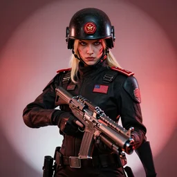 close up of evil futuristic dystopian regime soldier, plasma gun, angry, blonde hair, helmet, human, female, concept design, contrast, hot toys, kim jung gi, greg rutkowski, zabrocki, karlkka, jayison devadas, trending on artstation, 8 k, ultra wide angle, pincushion lens effect, red and black color scheme