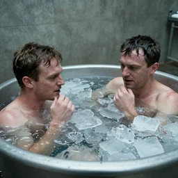 Adam buxton and louis theroux in an ice bath, bath of ice, cold, odd, depth of field, photorealistic
