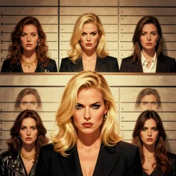stereotypical mugshot wall interior bg. fancy luxury attire. symmetrical looking at viewer mugshot close head portrait photograph of attractive blonde charismatic lady crime boss with a bad attitude. arrested villainess. angry mean expression. grainy!. genre pulp novel illustration by artgerm, greg rutkowski, alphonse mucha. artstation.