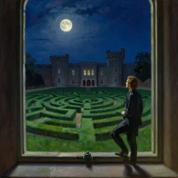 the view from inside the castle window to the medium height green grass maze, labyrinth, moon light, moonlit, night, by john ward, by levitan, by arthur walker, oil on canvas, acrylic, royal academy, masterpiece, trending on artstation, cinematic composition, dramatic pose, beautiful lighting, sharp, details, hyper - detailed, hd