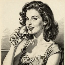 happy drinker woman, hyper detailed, Vintage Magazine Illustration