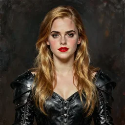 cold warrior emma watson portrait, mulatto, crossbreeding, beautiful face, beautiful features, red lips, long golden hair, black closed leather dress, leather armor, iron armor, alexander mcqueen clothing, very beautiful style, realism, oil, painting, edgard mcsons,