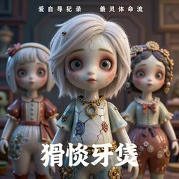 a 3d rendered animated movie poster about eerily beautiful old cracked porcelain dolls with white hair, rendered in renderman, dramatic lighting, fine details, by pixar