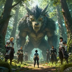 A small character standing before a giant creature in a beautiful forest by Greg Rutkowski, Sung Choi, Mitchell Mohrhauser, Maciej Kuciara, Johnson Ting, Maxim Verehin, Peter Konig, final fantasy , 8k photorealistic, cinematic lighting, HD, high details, atmospheric,