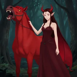a waifish demon next to a snarling red horse in a dark forest | bekinski anime studio ghibli gottfried manga helnwein painting film cinematic 4 k