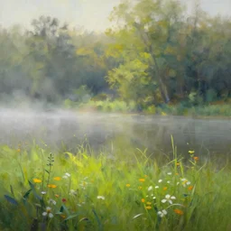 Lake, forest, grass, fog, sunrise, flowers, volumetric light, expressive oil painting