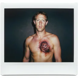 mark zuckerberg pealing off his skin to reveal the horrid thing underneath, polaroid photo