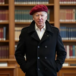 joe biden wearing a black peacoat and a red beret, in a library, dean cornwell