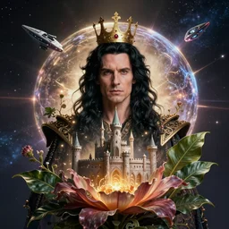 studio portrait, a man king hair black, castle space ship organic, flower, leaf, cosmic, futuristic, global illumination, radiant light, stellar background, by peter gric, peter mohrbacher