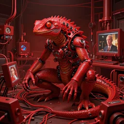 only with red, a red lizardman in symbiosis with technology, red computers wires, in a red laboratory, dorohedoro vibes, in the style of beksinski, parts by edward hopper, parts by michael sowa, parts by yue minjun, intricate composition, red by caravaggio, highly quality, highly detailed, masterpiece, red light, artstation,
