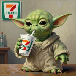 A Fernando Botero painting of Yoda drinking a Big Gulp at 7-Eleven