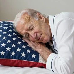 a photograph of joe biden laying his head down on an american-flag pillow, smirking, wearing white pajamas, closed-eyes, symetrical, hyper-realistic, detailed, 8K