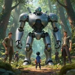 A small character standing before a robot in the forest by Greg Rutkowski, Sung Choi, Mitchell Mohrhauser, Maciej Kuciara, Johnson Ting, Maxim Verehin, Peter Konig, final fantasy , 8k photorealistic, cinematic lighting, HD, high details, atmospheric,