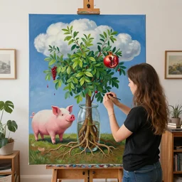 a female art student in her apartment, plants in glass vase, clouds, pig, butress tree roots, pomegranate, berries dripping, acrylic on canvas, surrealist, by magritte and monet