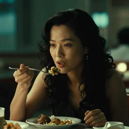 screensho of a woman eating in a restaurant, neo - future, highly detailed environment, depressing, lonely, movie, movie screengrab, noir, soft green lighting, heavy film grain, hyper realistic, photorealistic, heavily detailed face, backlighting, elegant, in the style of wong kar - wai, 8 k, hyperrealism, beautiful composition