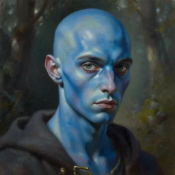 close - up shot painting of a young bald blue - skinned wizard in a forest, by ismail inceoglu