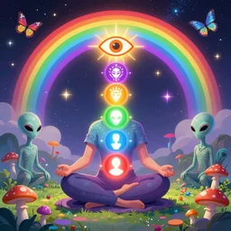 psychedelic meditation with chakras, enchanted alien world, mushrooms on the ground, aliens, galaxy in the sky, butterflies, occult, illuminati, third eye, rainbows, bright colors, psychedelic, vector art, honeycomb, dripping, fire, high contrast, fantasy poster by helen huang and frank frazetta and salvador dali and norman rockwell, anime style, 4 k