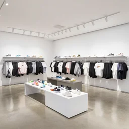 large nike boutique flagship retail. white walls. polished concrete floor. display tables with colorful shoes and varied clothes. bright digital screens on walls. low ceilings with downlights and spots. white corian and oak furniture. plants. muted colors. cg architect