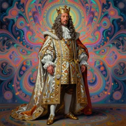 beautiful oil painting, full length portrait of Dwayne the rock Johnson as Louis xiv in coronation robes 1701, Dan Mumford, Dan Mumford, Alex grey, Alex grey, lsd visuals, dmt fractal patterns, visionary art, psychedelic art, highly detailed, ornate, vaporwave, hallucinogen