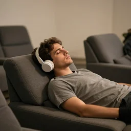 a guy listening to music lying down in a chill out room.