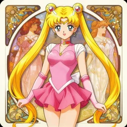 cute anime girl, with two long yellow pigtails, pink bodysuit, short skirt, extremely detailed, digital illustration, by rossdraws, alphonse mucha, frank fanzzeta, collectible card art