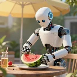 a robot cutting watermelon under a sun umbrella on a summer day, sharp focus, extremely detailed, concept art, featured in artstation, digital art, cinematic lighting, art by minna sundberg