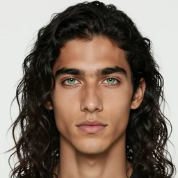 handsome!! hyper realistic man with long black curly hair, tan skin, ( ( ( grassy ) ) ) colored iris ', green eyes!!!, anchor goatee | wearing unbuttoned, open, black, blue, pink, baseball jersey | art by hirohiko araki & jean giraud & artgerm