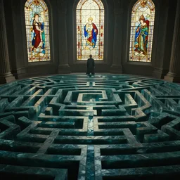 Establishing shot, ornately and intricately carved obsidian maze, infinite labyrinth, labyrinthine, cinematic film still, arri alexa, ari aster, neobrutalist architecture, large stained glass windows, cinematic lighting,  by Noah Bradley, James gurney, and Vincent di fate
