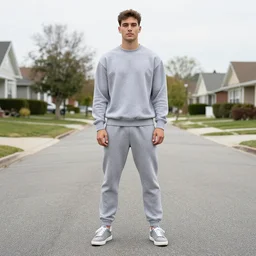 Rocco Botte wearing gray sweatshirt and gray sweatpants and gray 👟 standing in a T-pose on a suburban residential street
