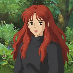 Character portrait of a young beautiful woman with long flowing red hair in a lush park, beautiful face, long dark hair with bangs, wearing a black turtleneck sweater, highly detailed, cel shading, Studio Ghibli still, by Ilya Kuvshinov and Akihiko Yoshida