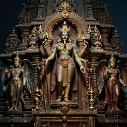 sacred hindu blood temple, baphomet statue at the center, angel statues, 8 0's horror movie film still, highly detailed, symmetry, award - winning photography, 1 2 0 mm