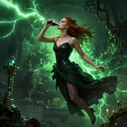 a highly detailed matte painting of emma watson as an unbelievably powerful vampire witch, drinking wine, floating in the air doing blood magic, viewed in profile from far away, crackling green lightning, ultrawide lens, art by artgerm and greg rutkowski and alphonse mucha, volumetric lighting, octane render, 4 k resolution, trending on artstation, masterpiece