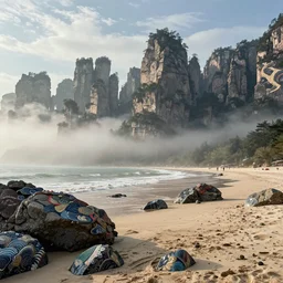 Breath-taking beautiful beach, rocks, clouds, mist, Zhangjiajie, An aesthetically pleasing, dynamic, energetic, lively, complex, intricate, detailed, well-designed digital art of beach, rocks, clouds, mist, Zhangjiajie in early morning, light and shadow, overlaid with aizome patterns, Shin-hanga by Thomas Kinkade and Bob Ross, traditional Japanese colors, superior quality, masterpiece, featured, trending, award winning, HDR, HD, UHD, 4K, 8K, anamorphic widescreen