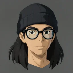 young jock portrait, long hair black, beanie, no beard, olive skin, thick rim glasses, art by studio ghibli and greg rutkowski and artgerm and ilya kuvshinov, portrait, d & d, fantasy, highly detailed, digital painting, headshot, trending on artstation, concept art, sharp focus, illustration